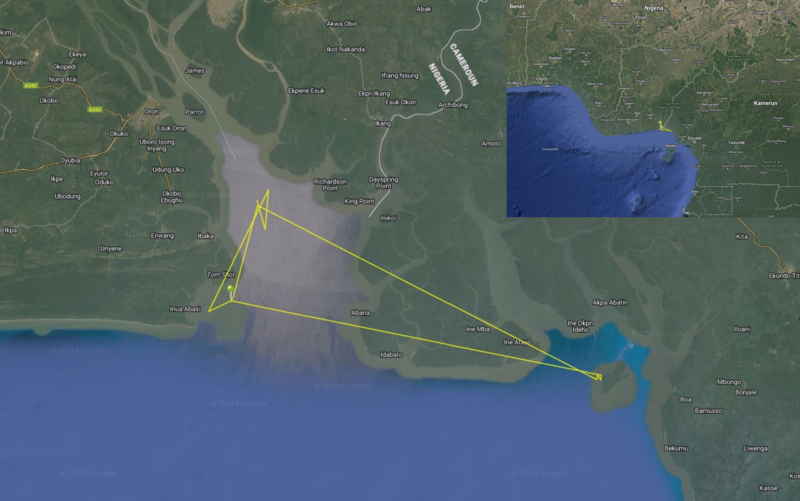 Satelliittiselkälokki Achillesin liikkeet Guineanlahdella 27.11.-12.12.2024.